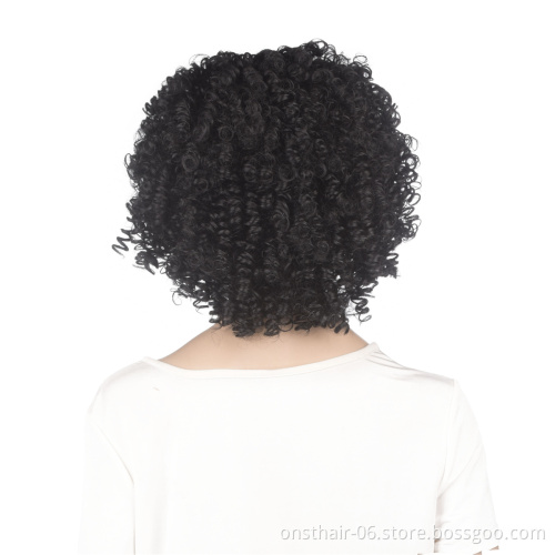 Onst Cheap Price Afro Kinky Curly Wig with Bangs Synthetic Wig Ombre Black Curly Pixie Cut Wig Mixed Women Short 130% for Black